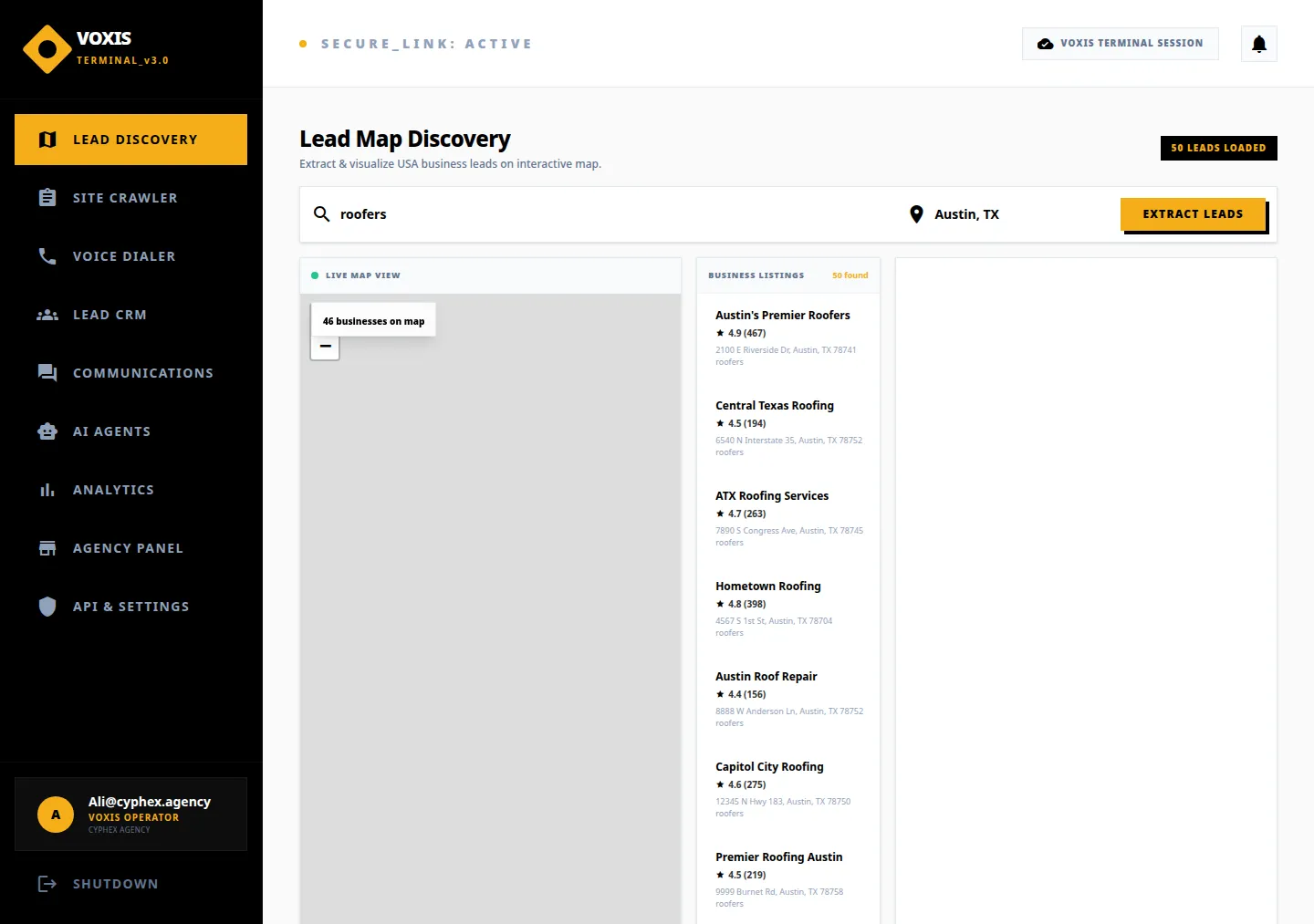 Voxis authenticated terminal dashboard screenshot
